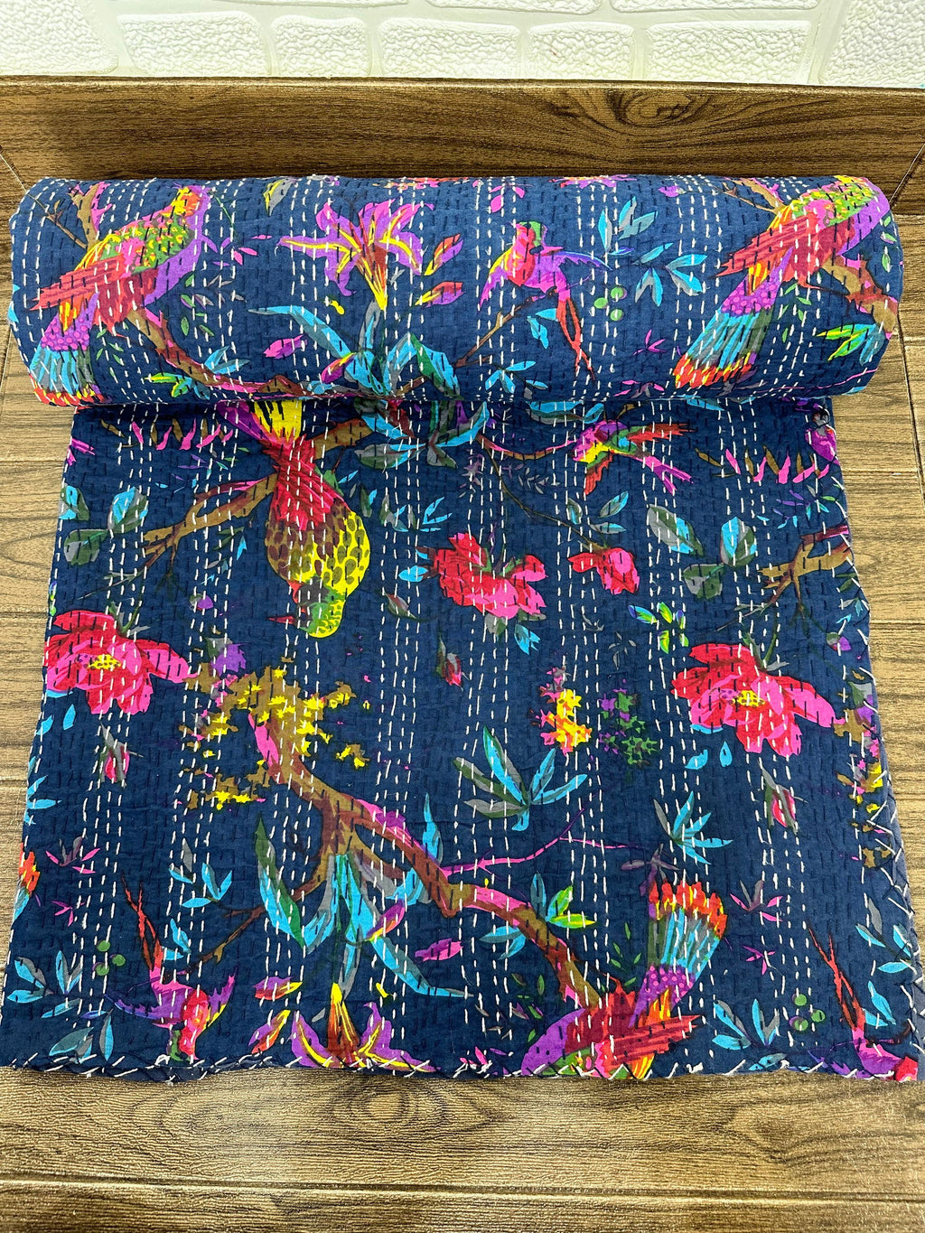 reversible Kantha-stitched block-printed Cotton Throw in blue bird