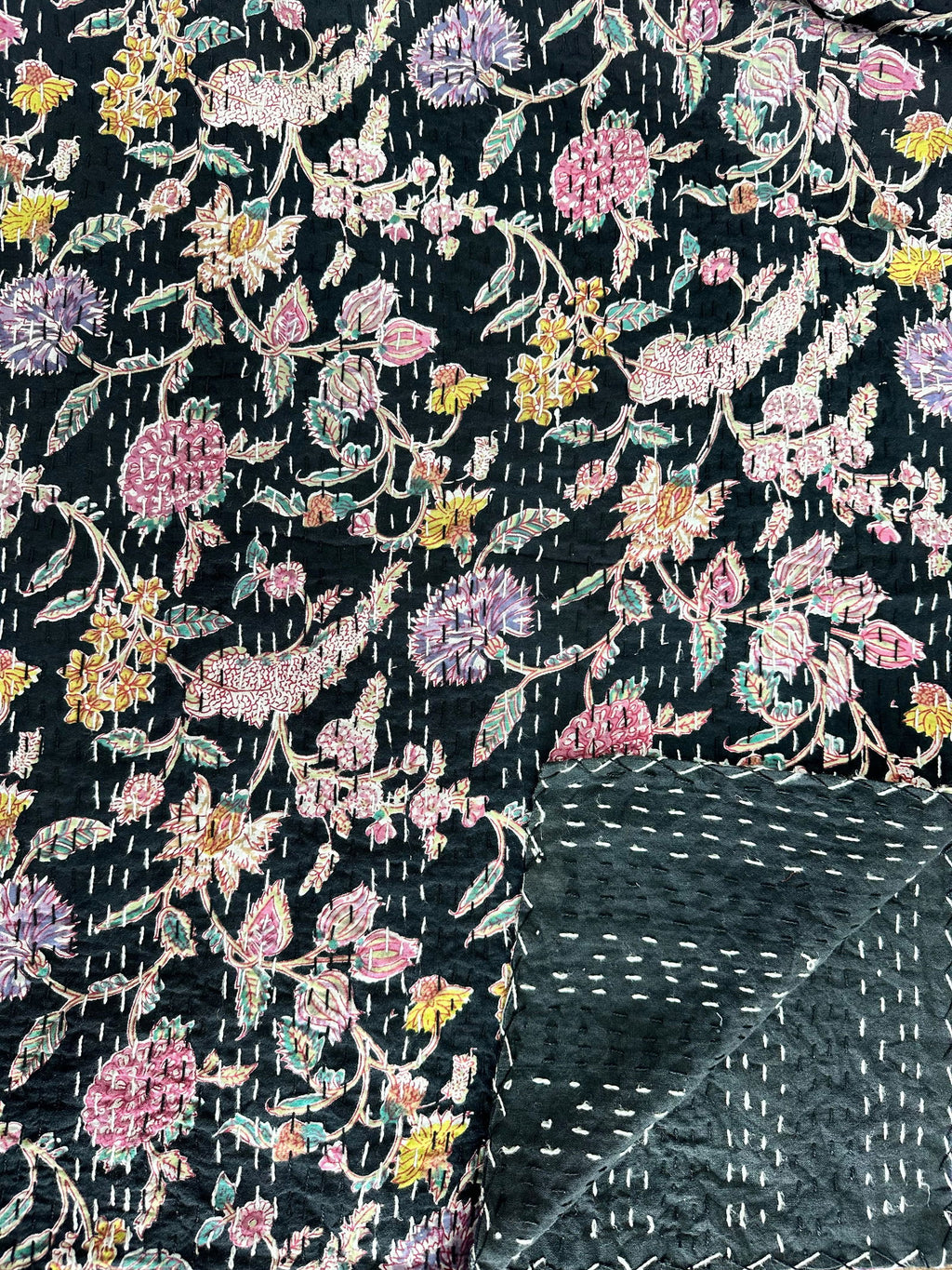 reversible Kantha-stitched block-printed Cotton Throw in black floral