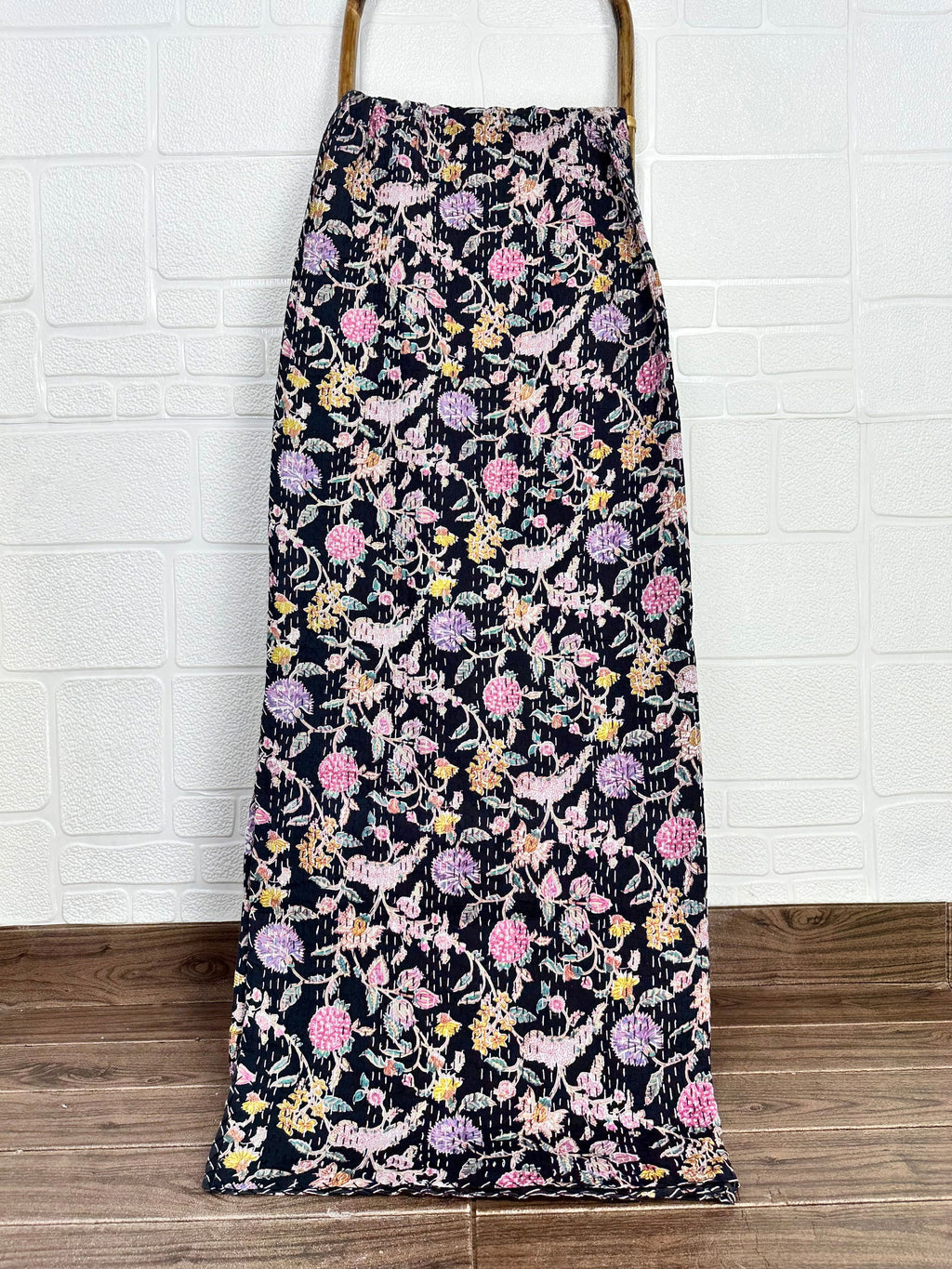reversible Kantha-stitched block-printed Cotton Throw in black floral