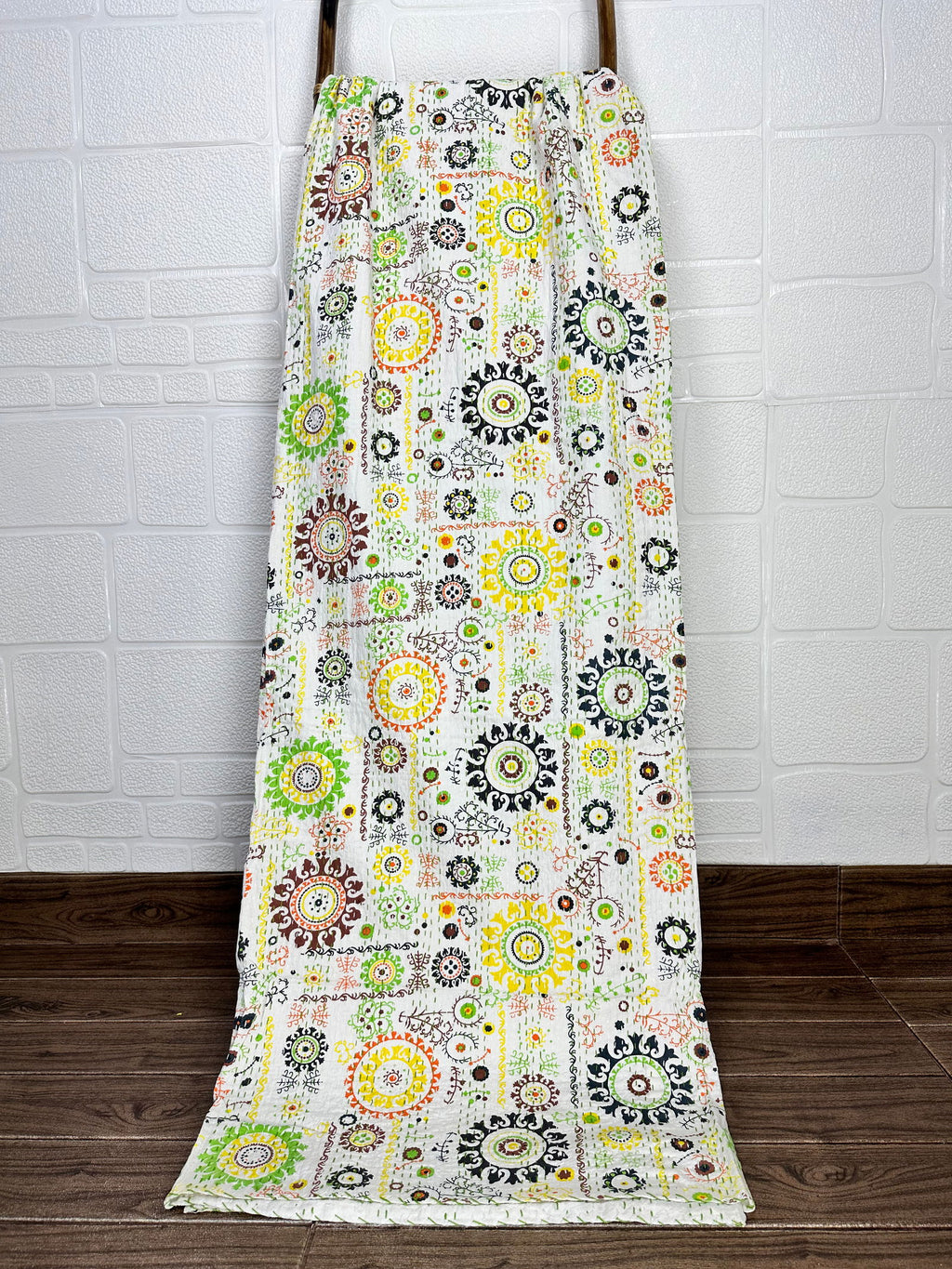 reversible Kantha-stitched block-printed Cotton Throw in white floral