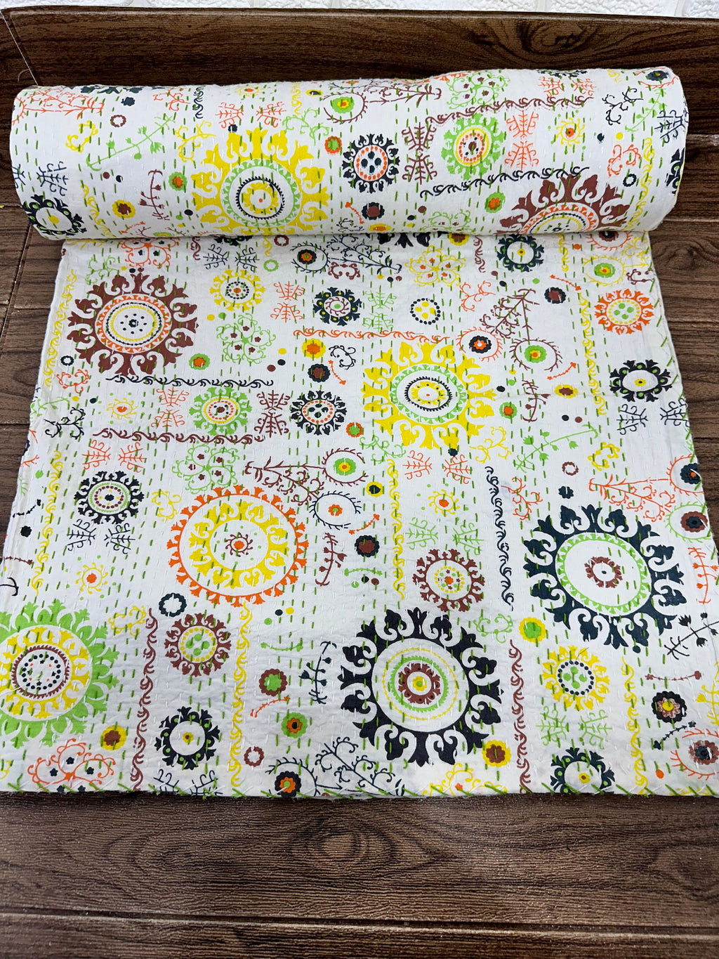 reversible Kantha-stitched block-printed Cotton Throw in white floral