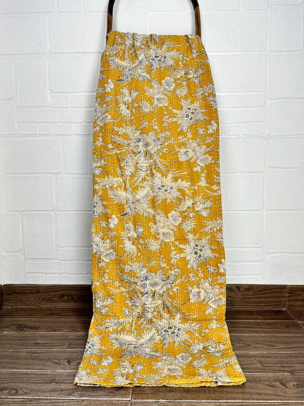 reversible Kantha-stitched block-printed Cotton Throw in yellow gardenia