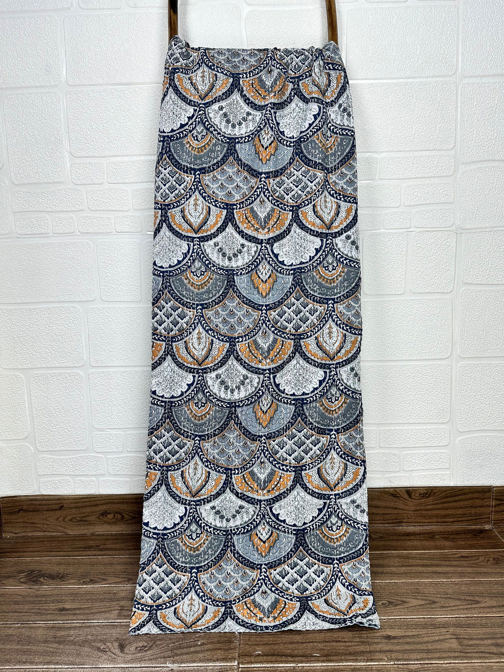 reversible Kantha-stitched block-printed Cotton Throw in grey mandala