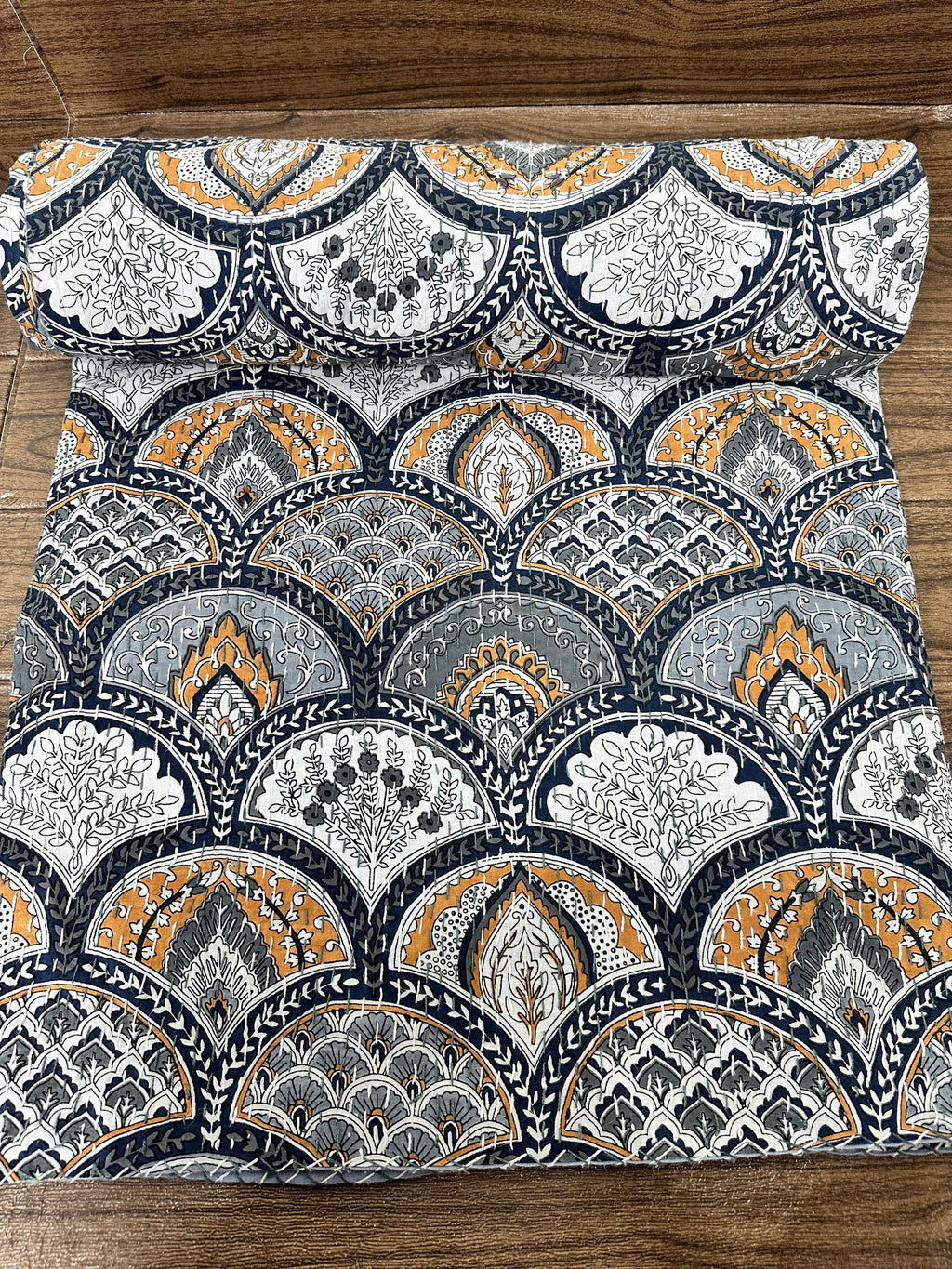 reversible Kantha-stitched block-printed Cotton Throw in grey mandala