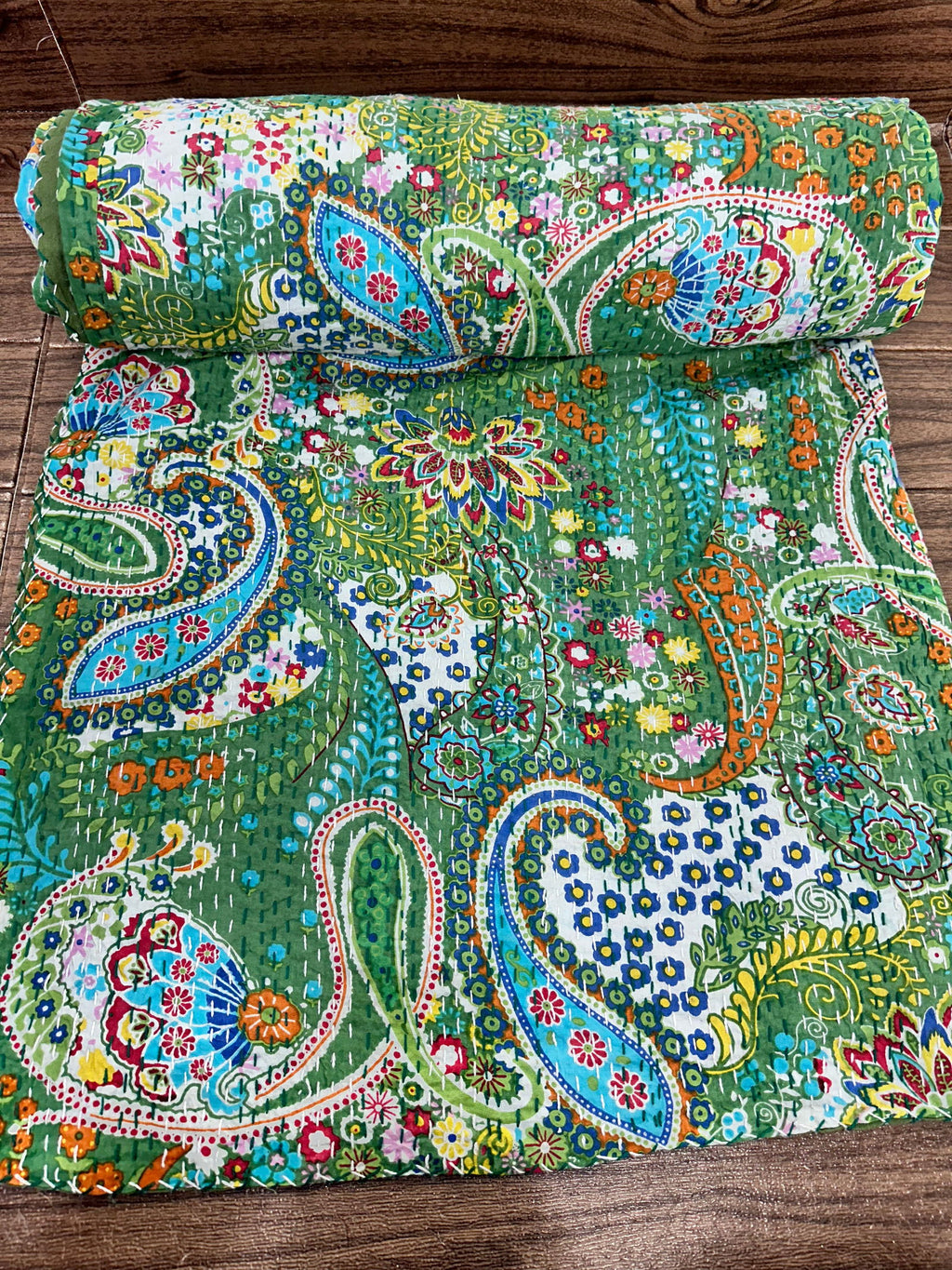 reversible Kantha-stitched block-printed Cotton Throw in green paisley