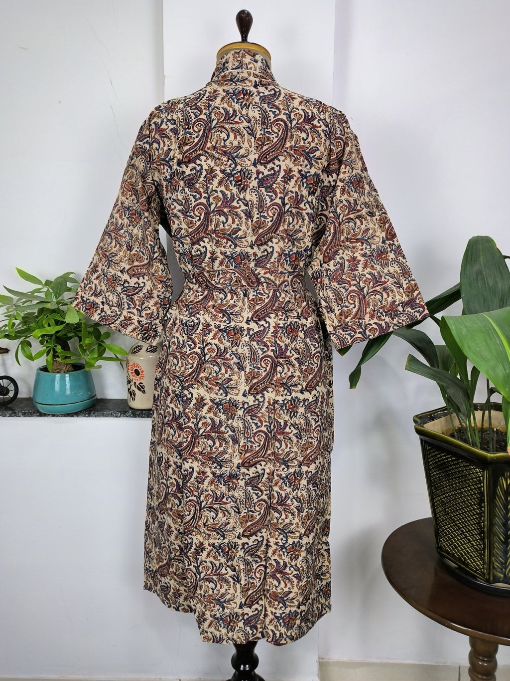 block-printed Cotton Kimono Robe in beige red paisley