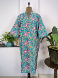 block-printed Cotton Kimono Robe in aqua blue floral
