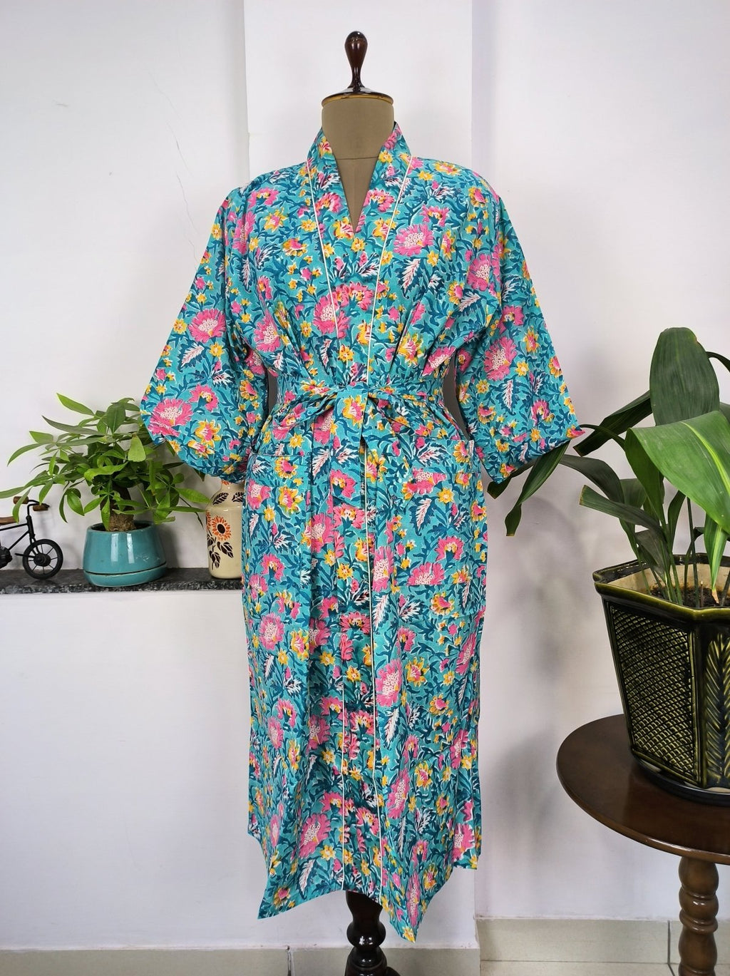 block-printed Cotton Kimono Robe in aqua blue floral