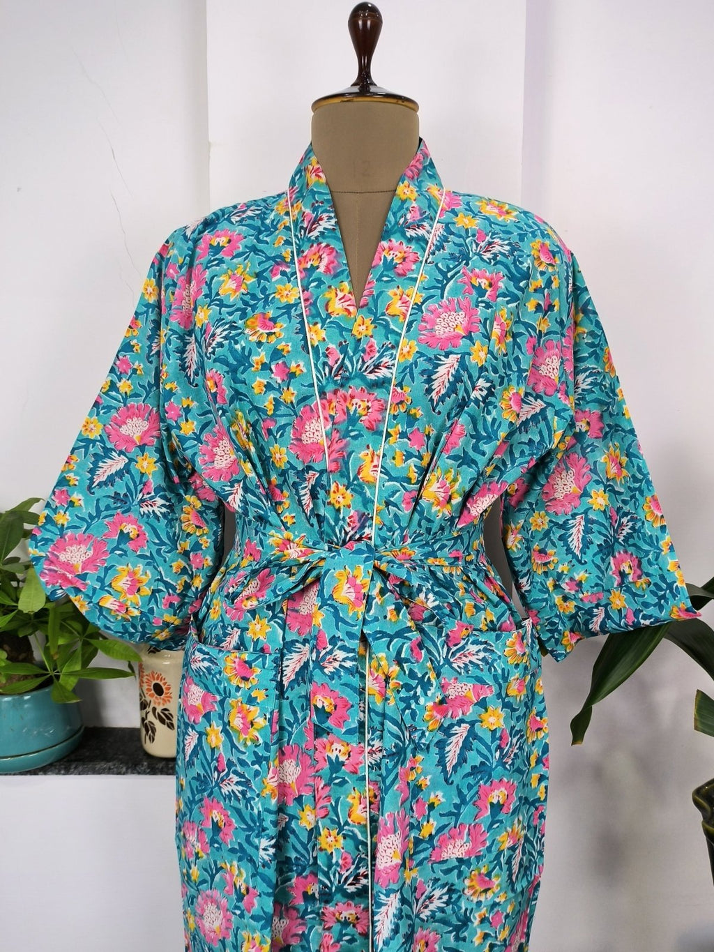 block-printed Cotton Kimono Robe in aqua blue floral