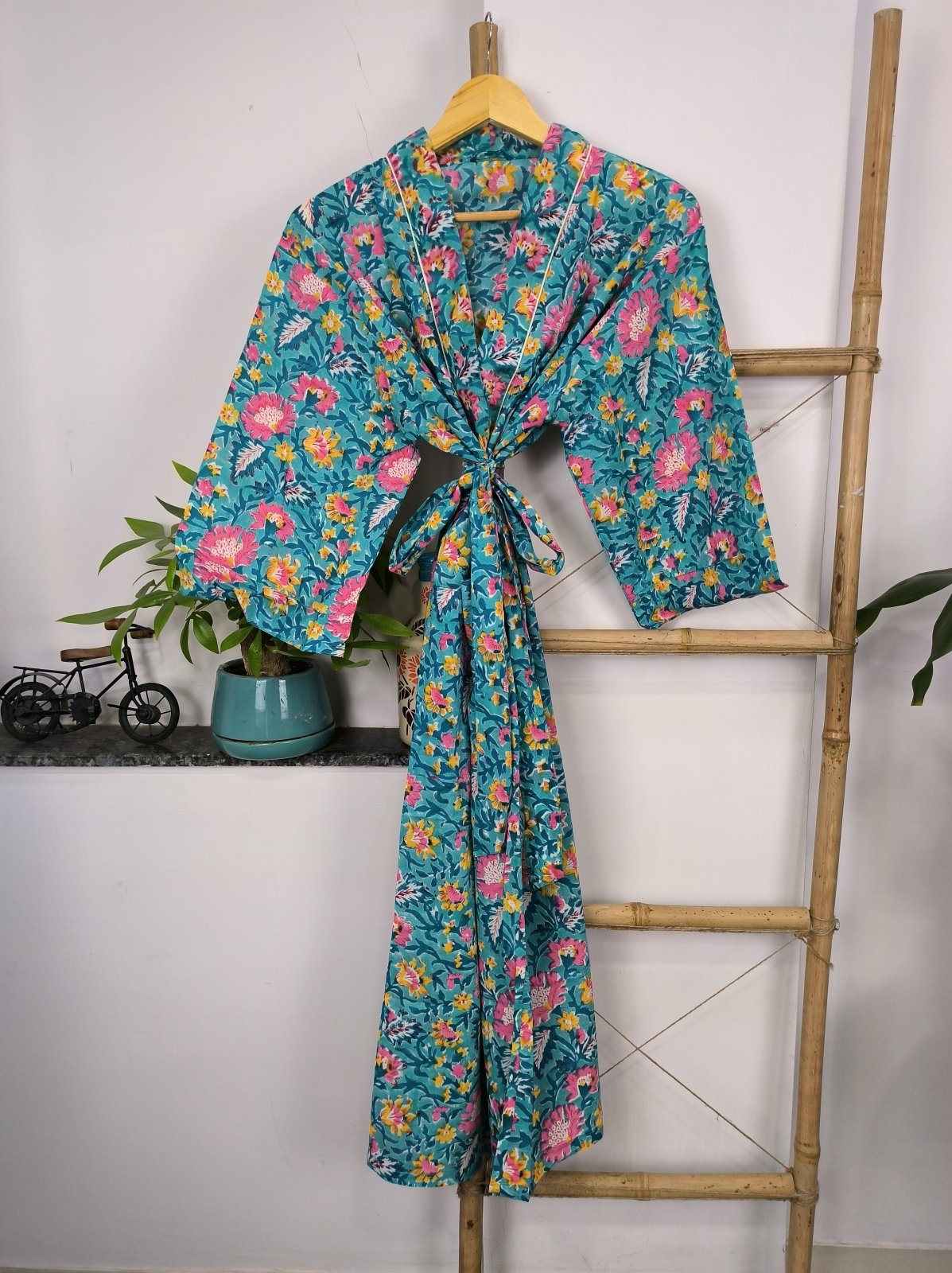 block-printed Cotton Kimono Robe in aqua blue floral