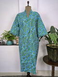 block-printed Cotton Kimono Robe in aqua blue green floral