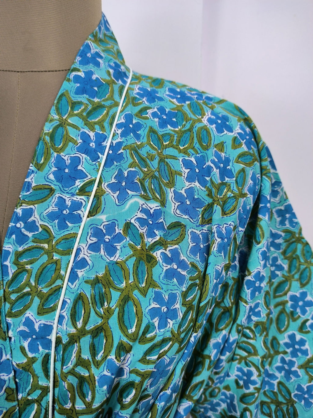 block-printed Cotton Kimono Robe in aqua blue green floral