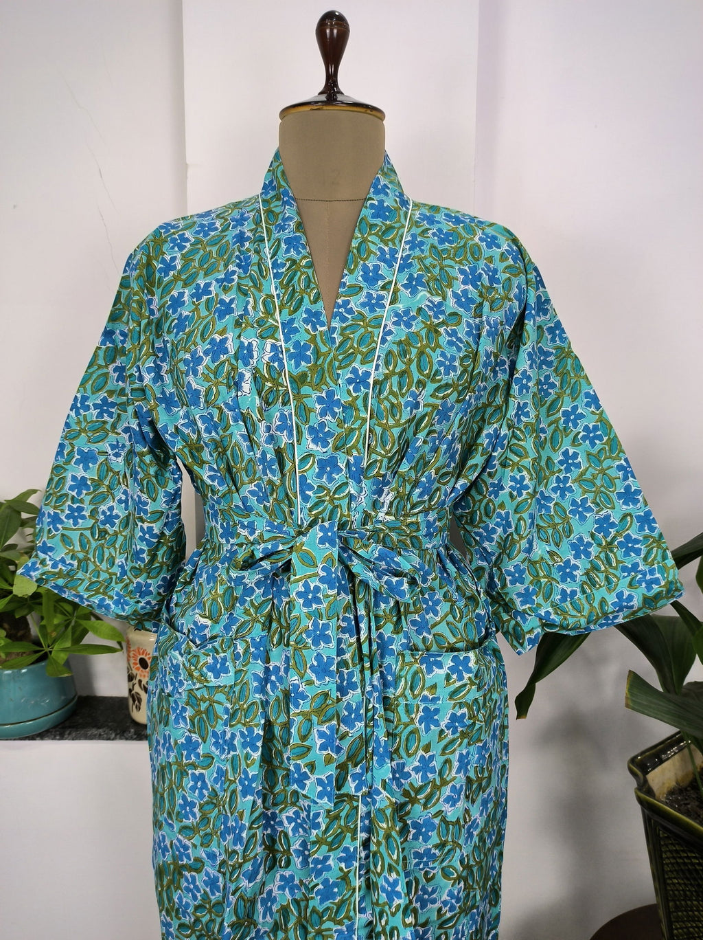 block-printed Cotton Kimono Robe in aqua blue green floral