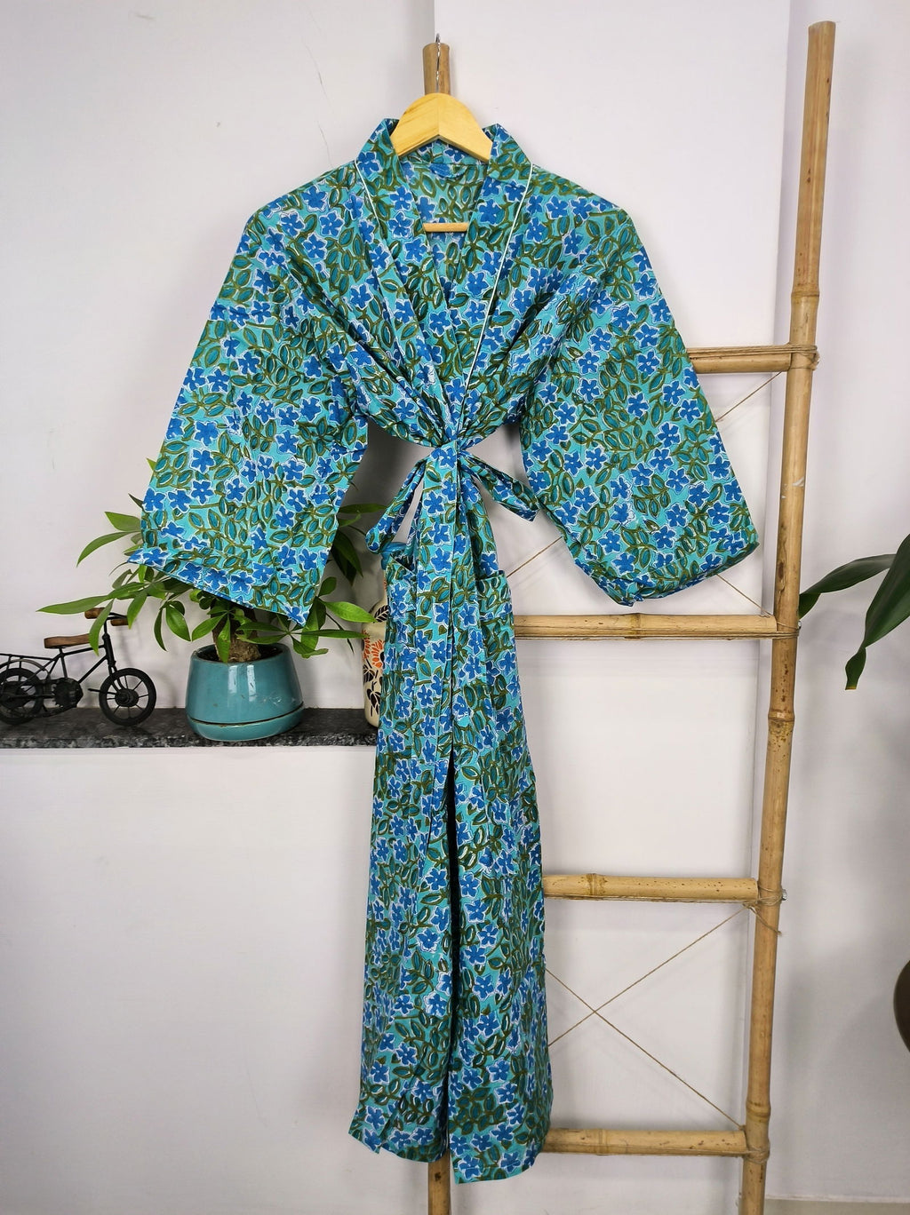 block-printed Cotton Kimono Robe in aqua blue green floral