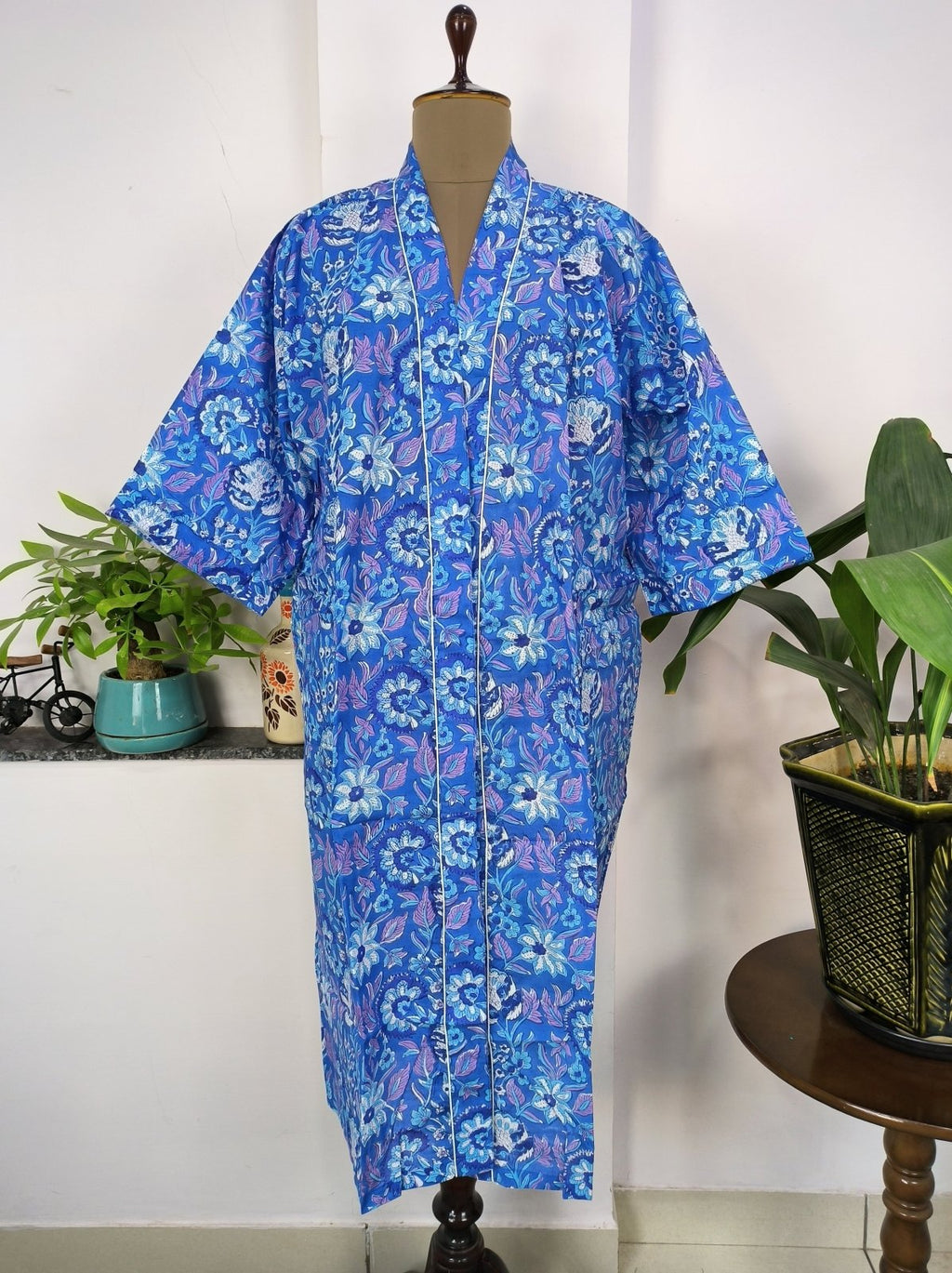 Women's block-printed Cotton Kimono Robe in aqua blue floral