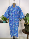 Women's block-printed Cotton Kimono Robe in aqua blue floral