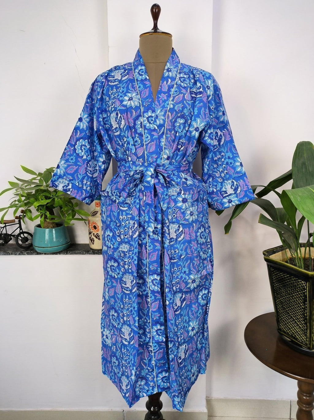 Women's block-printed Cotton Kimono Robe in aqua blue floral