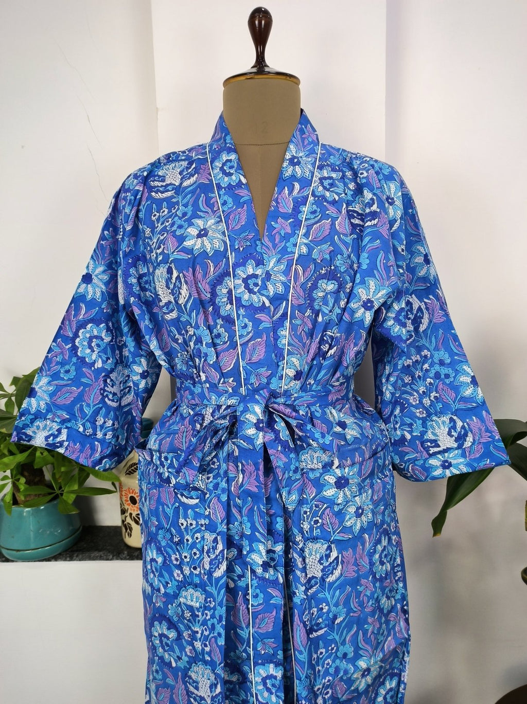 Women's block-printed Cotton Kimono Robe in aqua blue floral