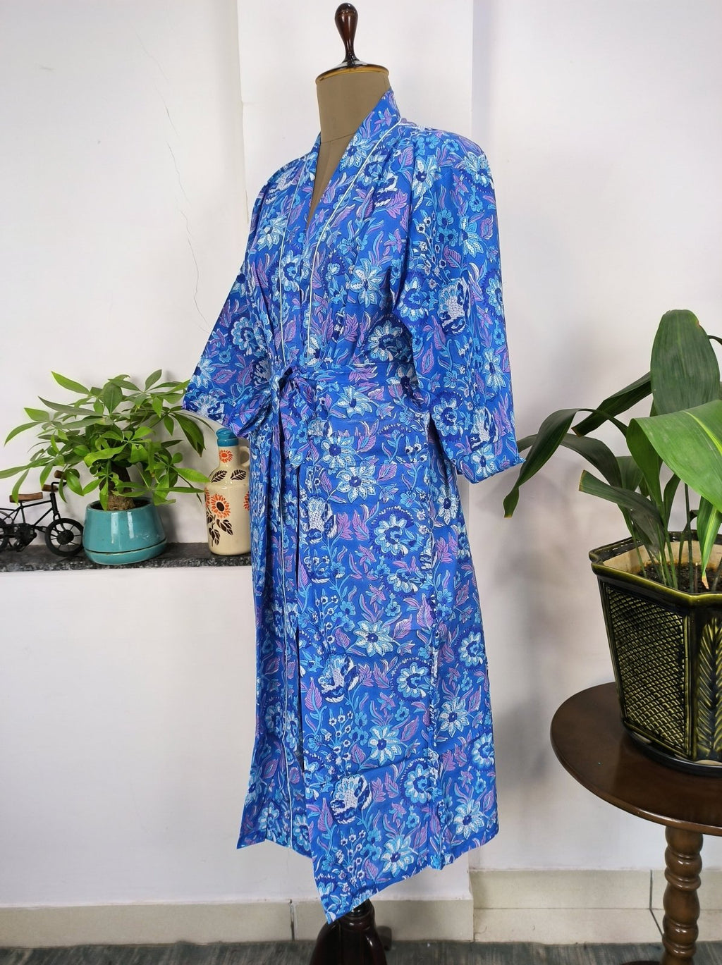 Women's block-printed Cotton Kimono Robe in aqua blue floral