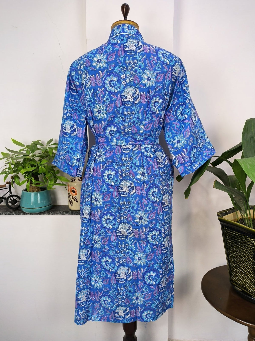 Women's block-printed Cotton Kimono Robe in aqua blue floral