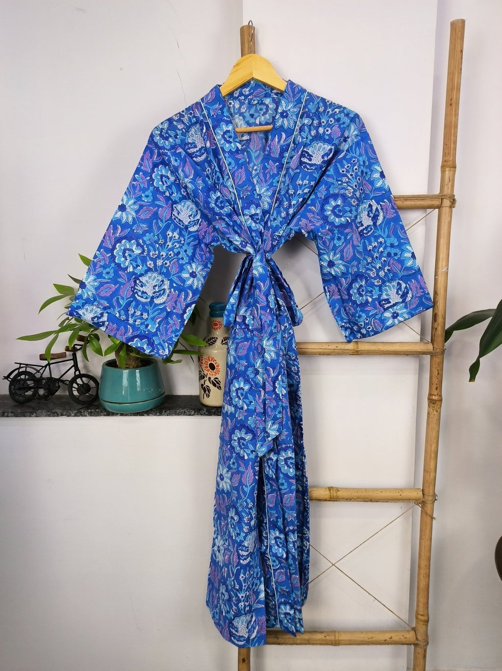 Women's block-printed Cotton Kimono Robe in aqua blue floral