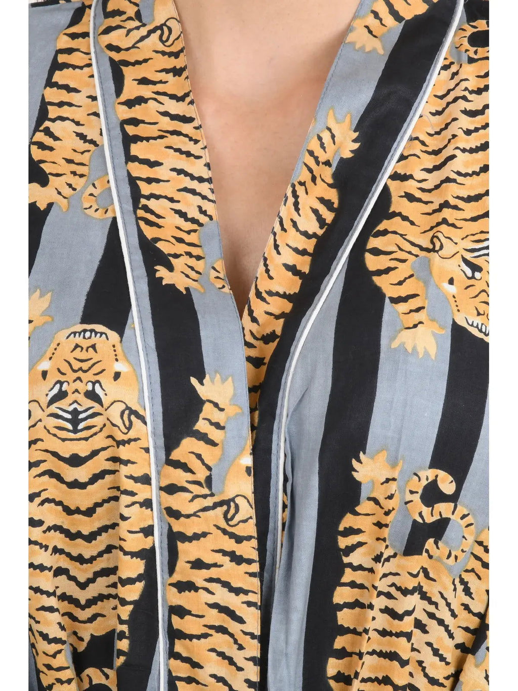 block-printed Cotton Kimono Robe in black grey striped