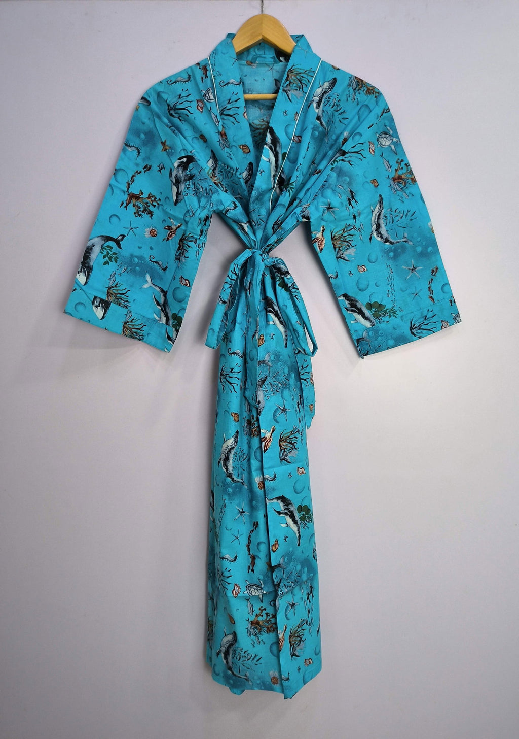 block-printed Cotton Kimono Robe in blue fish