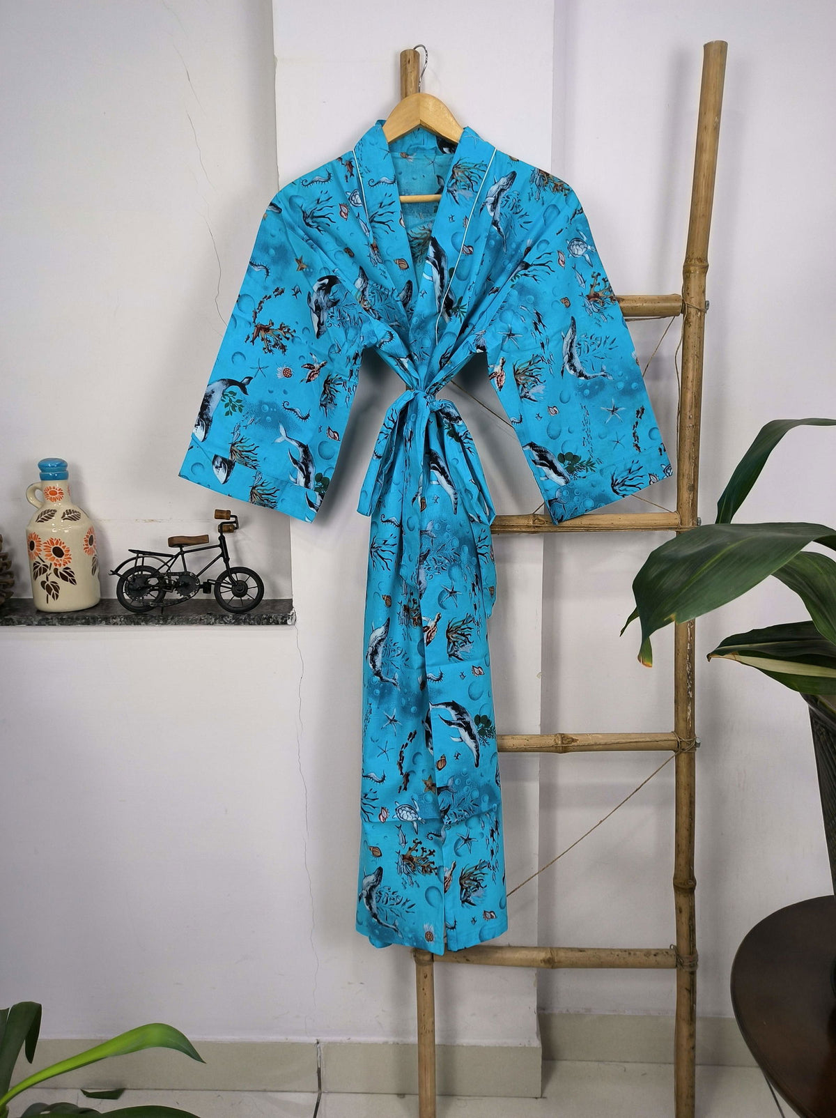 block-printed Cotton Kimono Robe in blue fish