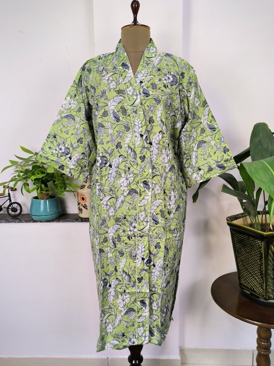 block-printed Cotton Kimono Robe in green grey butterfly