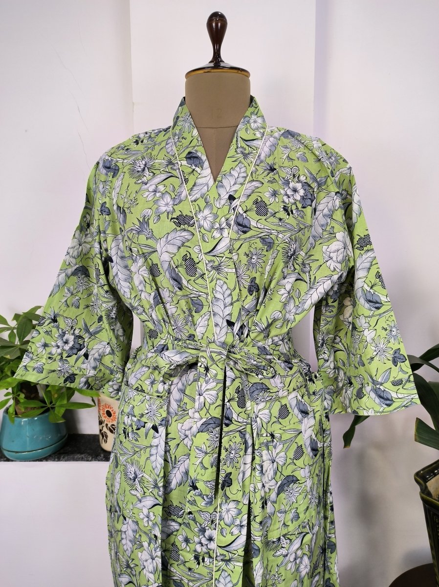 block-printed Cotton Kimono Robe in green grey butterfly