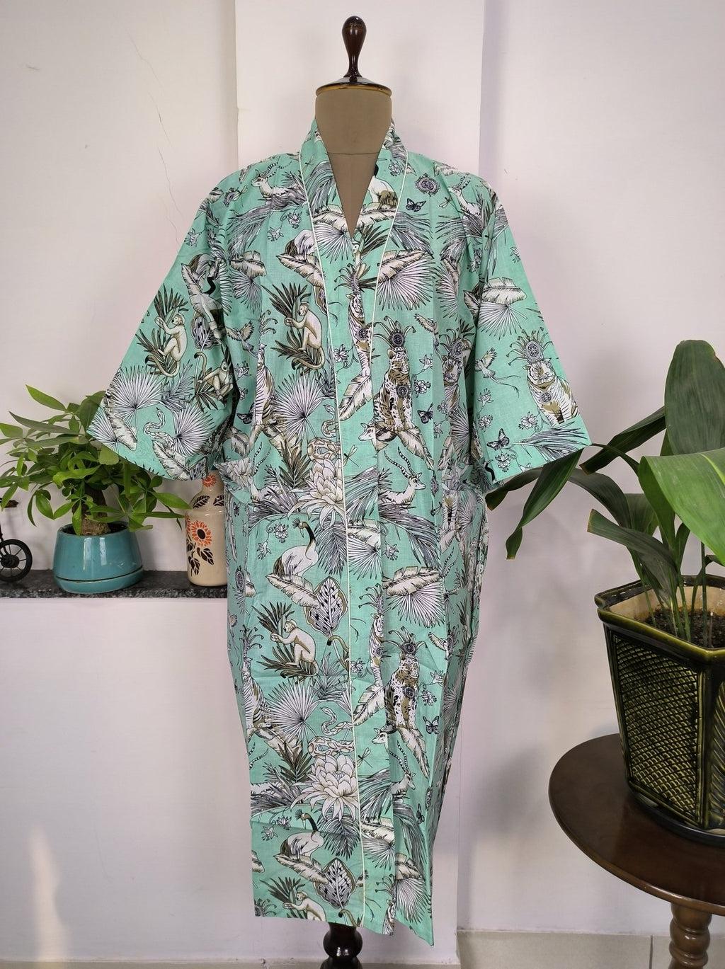 block-printed Cotton Kimono Robe in green monkey