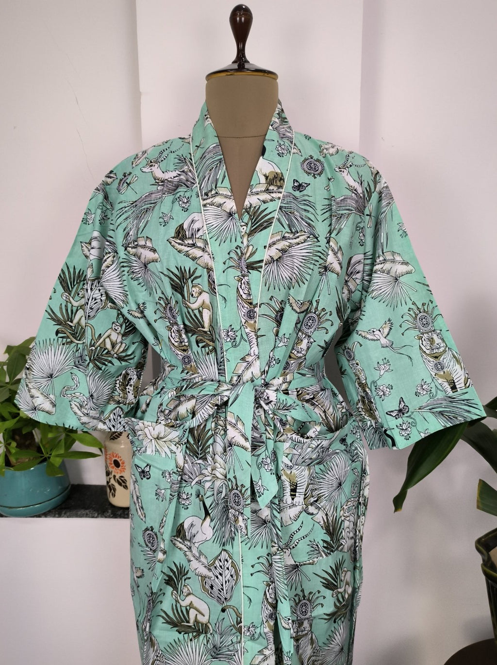 block-printed Cotton Kimono Robe in green monkey