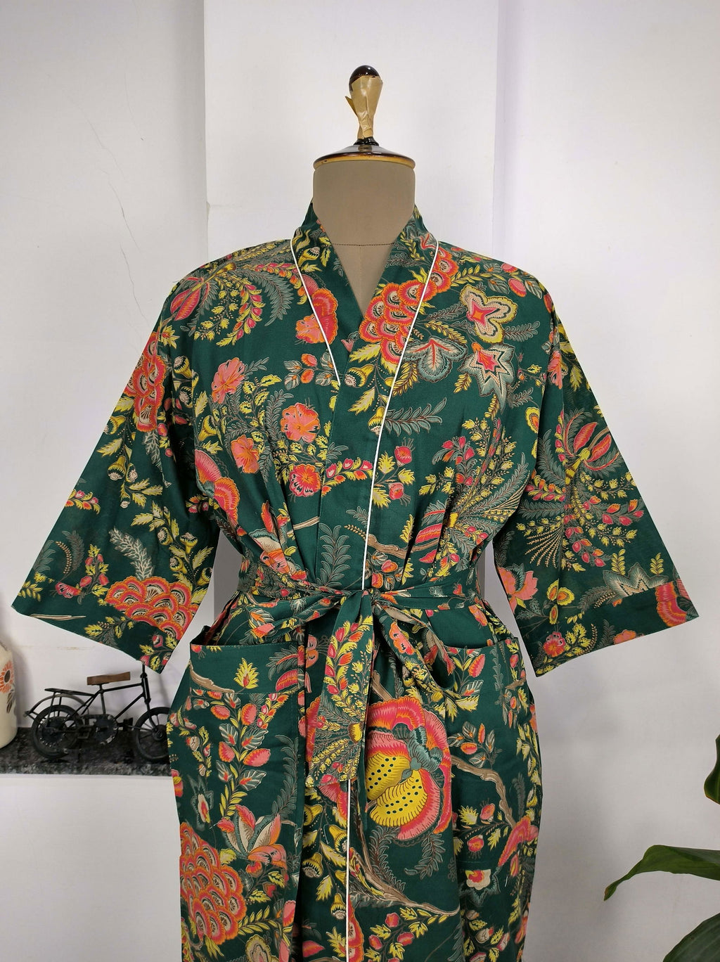 block-printed Cotton Kimono Robe in green red yellow floral