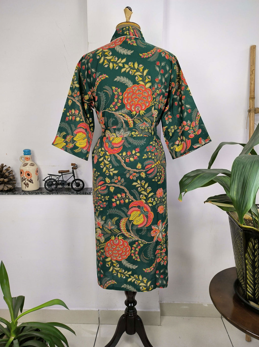 block-printed Cotton Kimono Robe in green red yellow floral