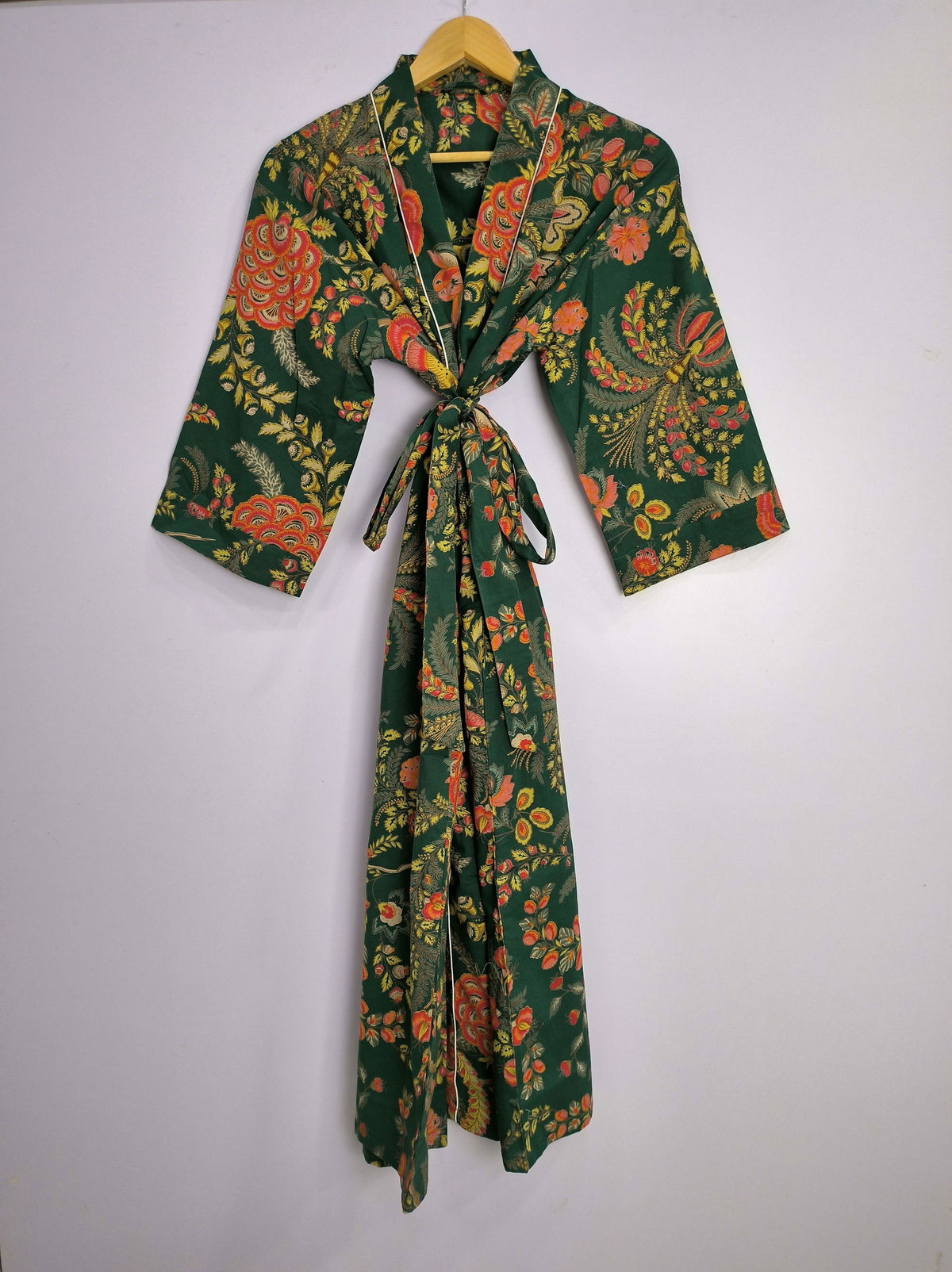 block-printed Cotton Kimono Robe in green red yellow floral