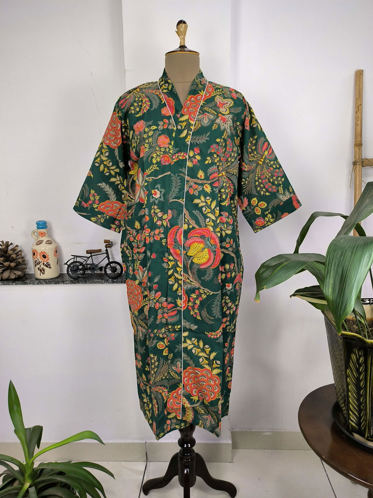 block-printed Cotton Kimono Robe in green red yellow floral