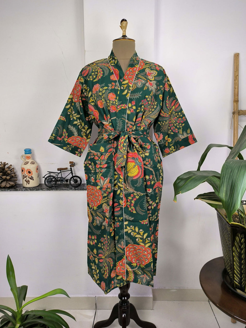 block-printed Cotton Kimono Robe in green red yellow floral