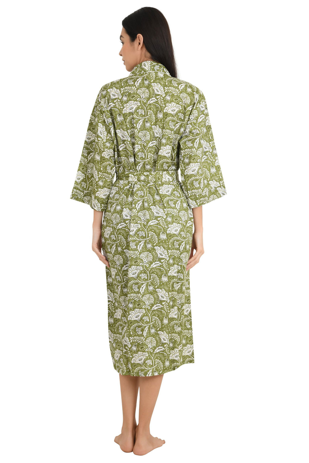block-printed Cotton Kimono Robe in green white floral