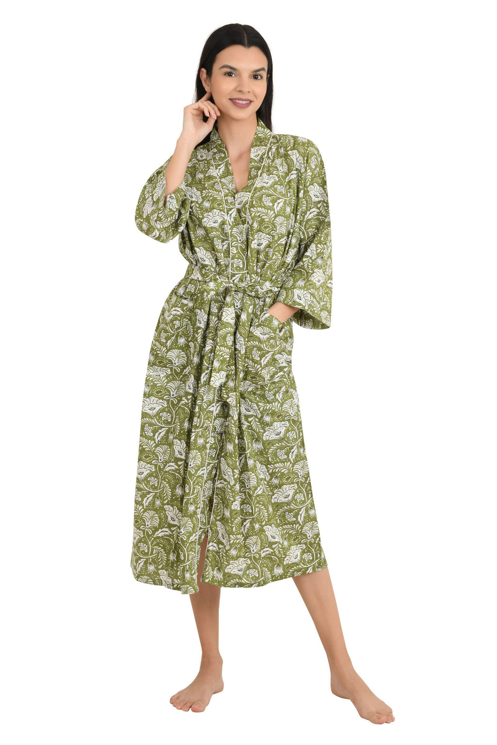 block-printed Cotton Kimono Robe in green white floral