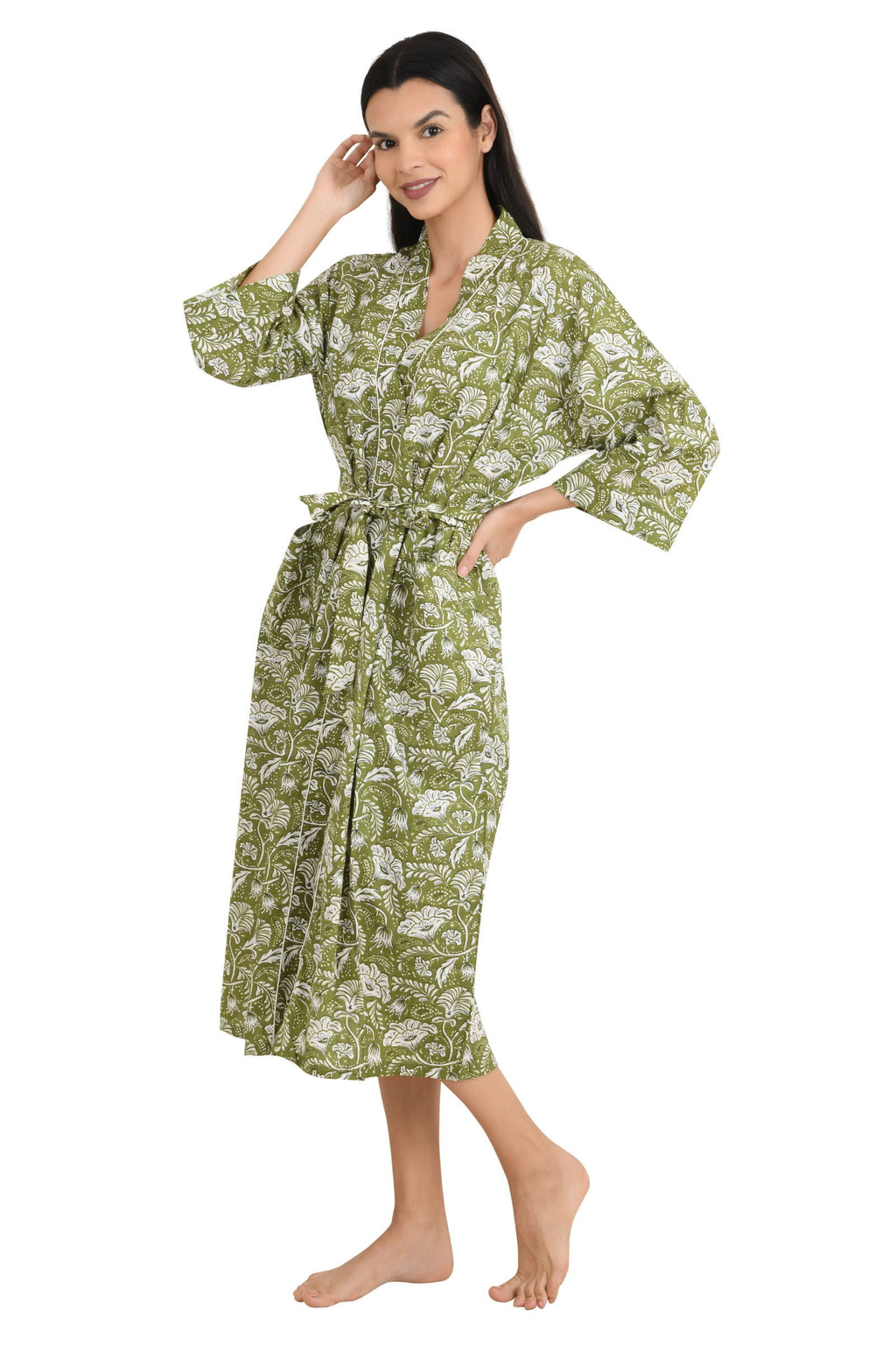 block-printed Cotton Kimono Robe in green white floral