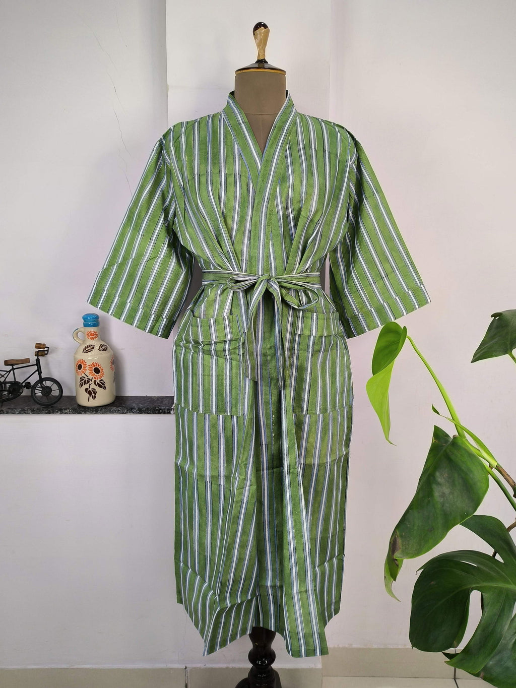 block-printed Cotton Kimono Robe in green white striped