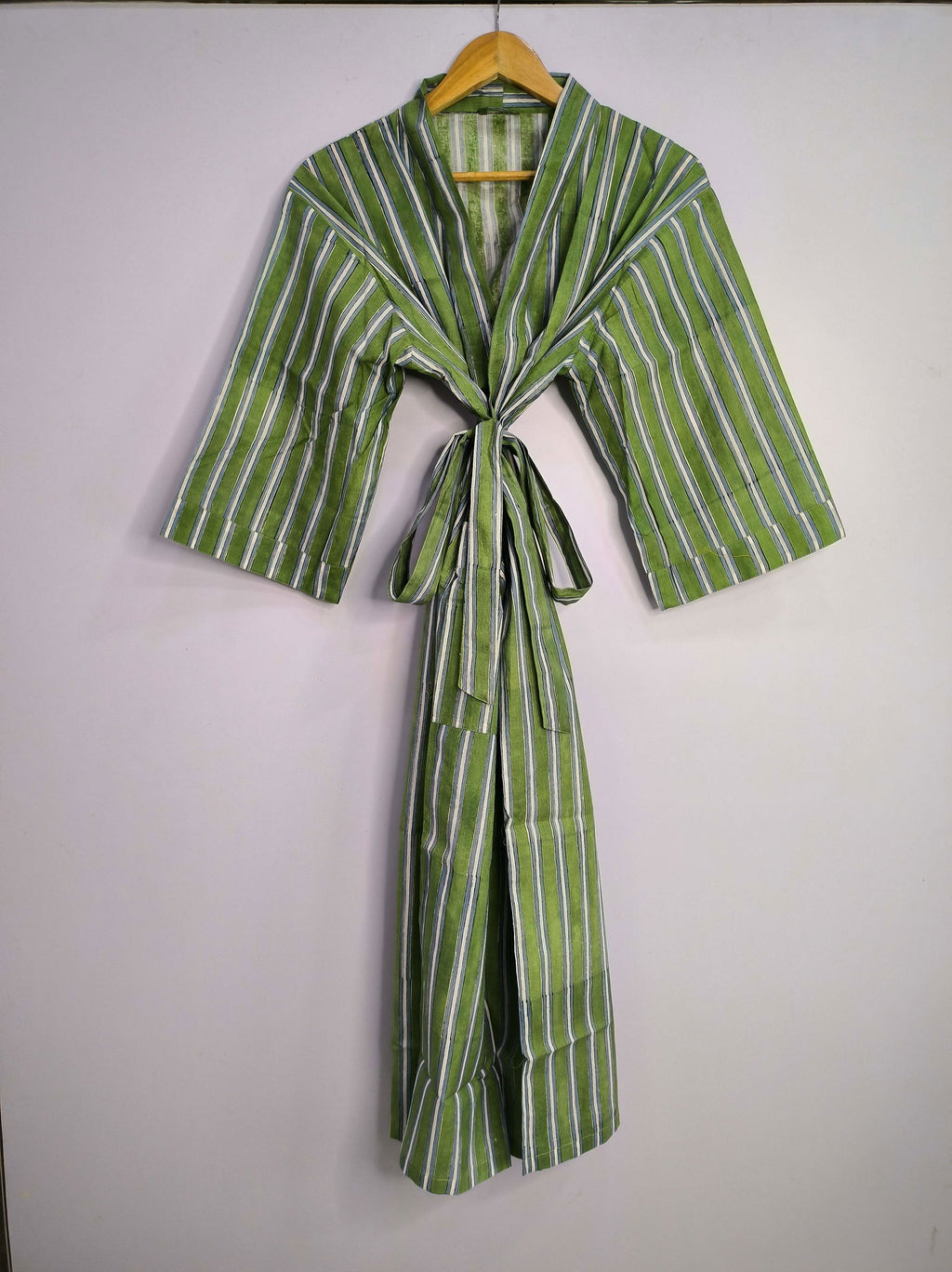 block-printed Cotton Kimono Robe in green white striped