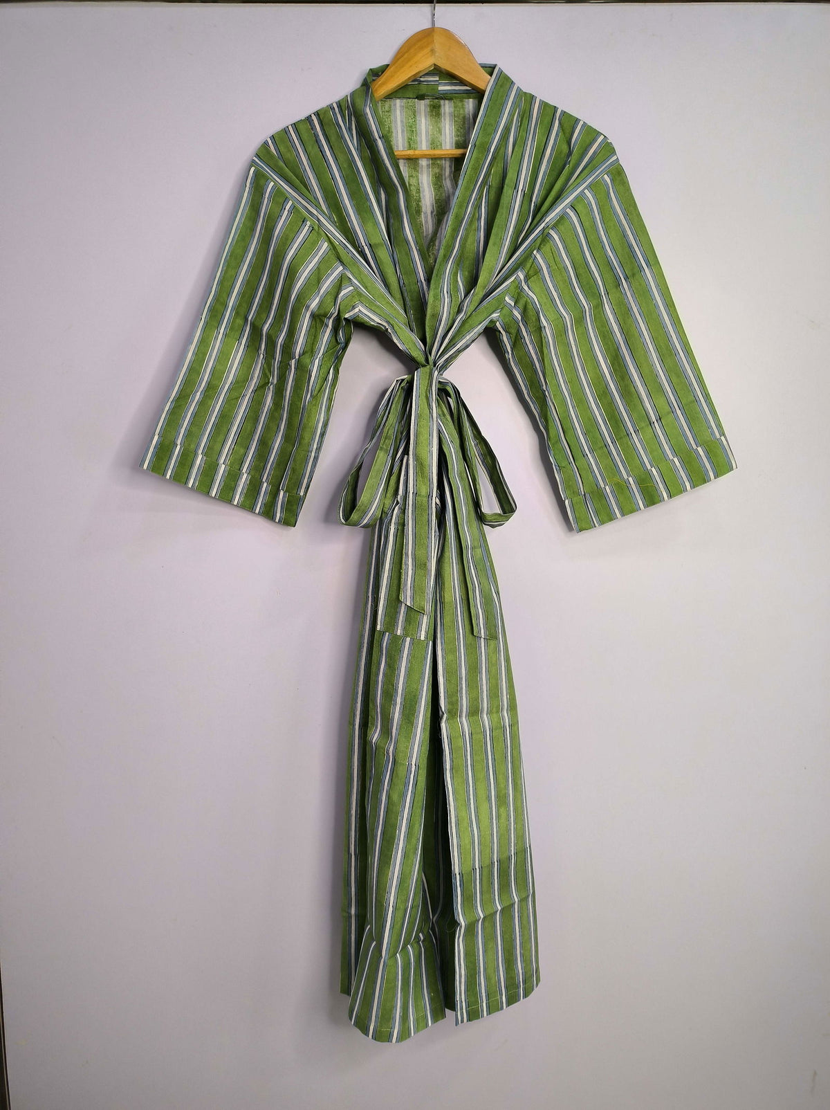 block-printed Cotton Kimono Robe in green white striped