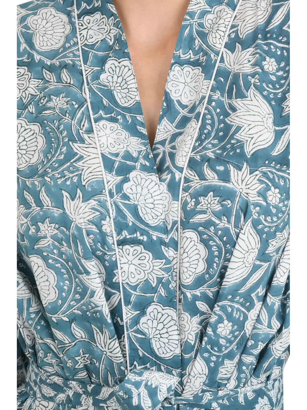 block-printed Cotton Kimono Robe in grey white floral