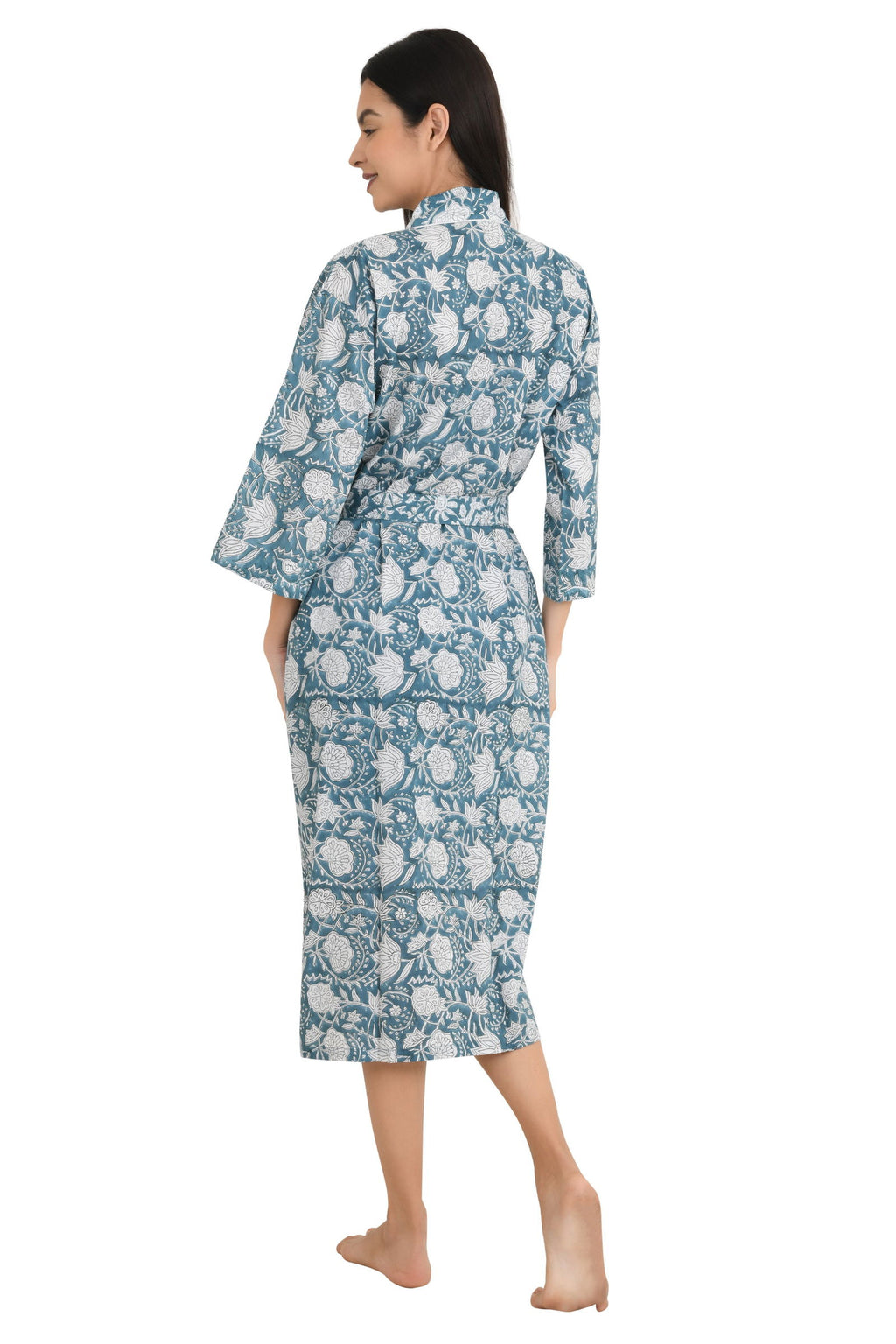 block-printed Cotton Kimono Robe in grey white floral