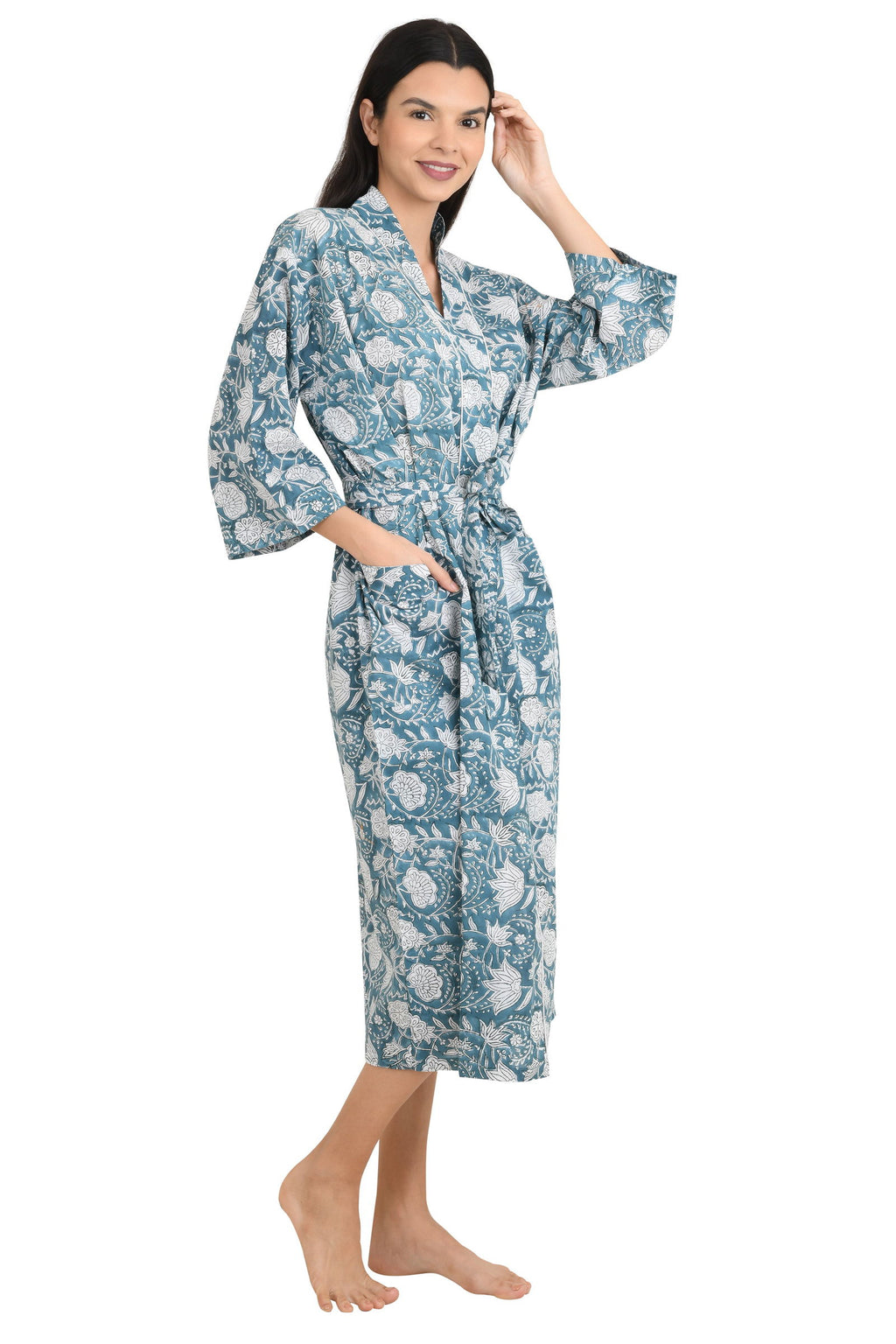 block-printed Cotton Kimono Robe in grey white floral