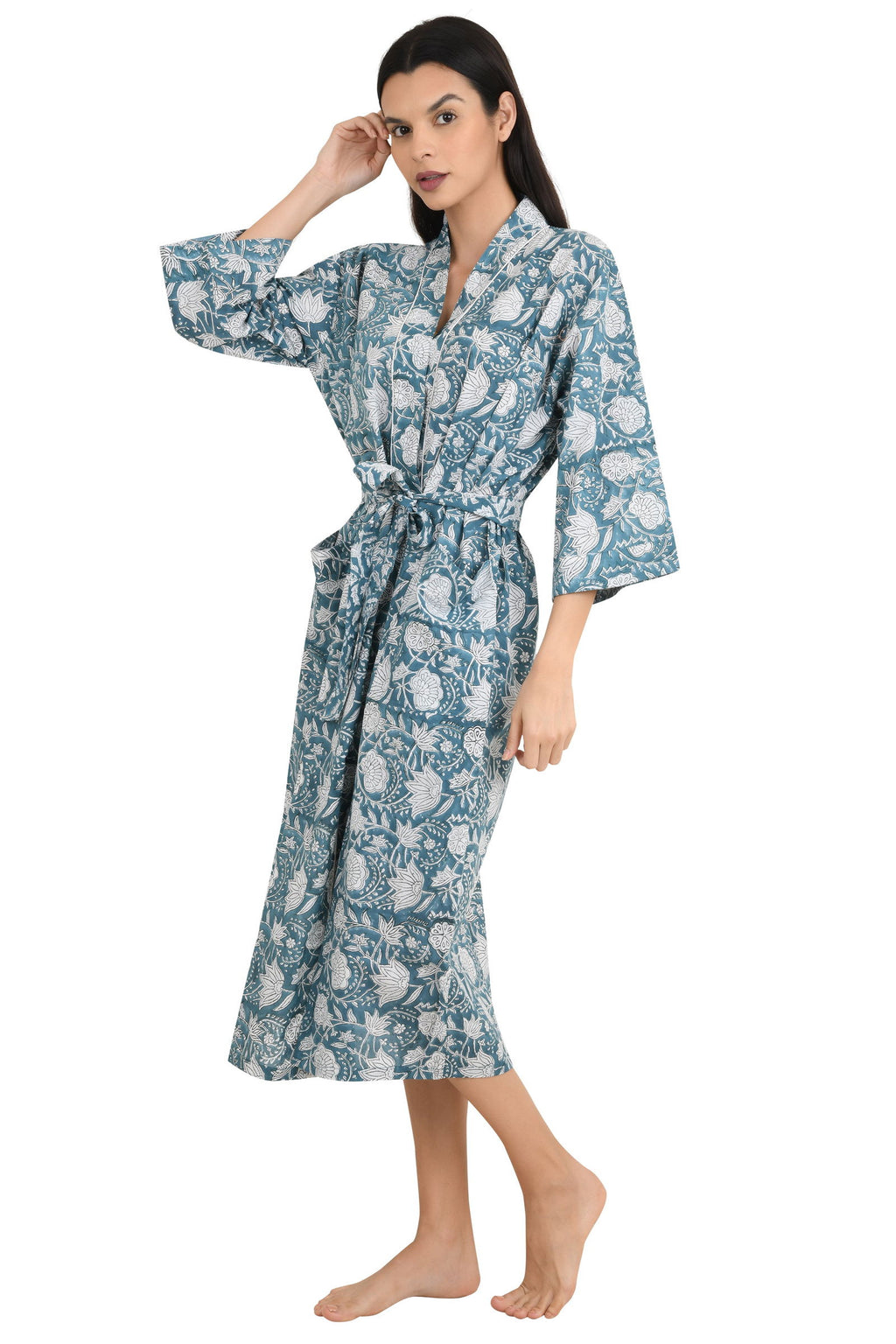 block-printed Cotton Kimono Robe in grey white floral