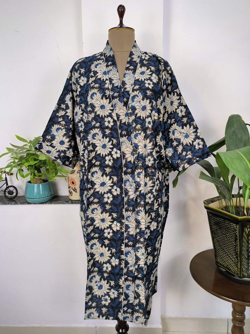 block-printed Cotton Kimono Robe in ivory white yellow floral