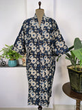 block-printed Cotton Kimono Robe in ivory white yellow floral