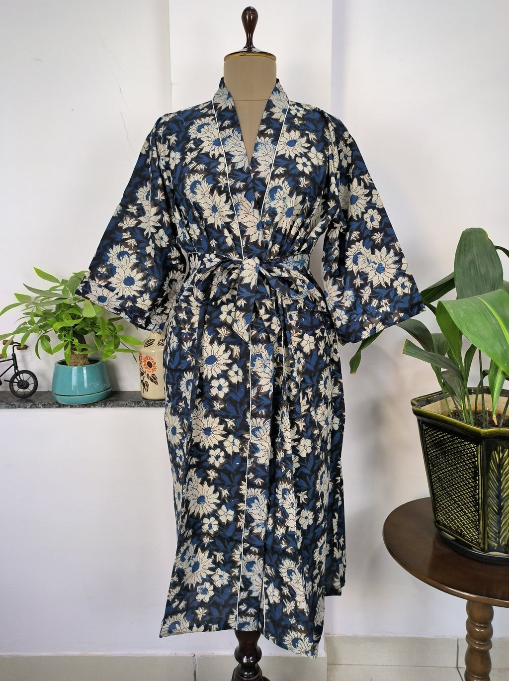 block-printed Cotton Kimono Robe in ivory white yellow floral